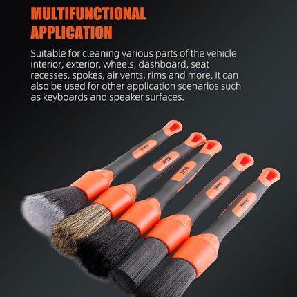 SPTA Car Detailing Brush Set, 5 Pack Soft Boar Hair Auto Detail Brush Kit with Elbow for Automotive Elegant Surface Interior Exterior Dashboard Emblems Panels Engine Bay Wheels Air Vent Seat Leather