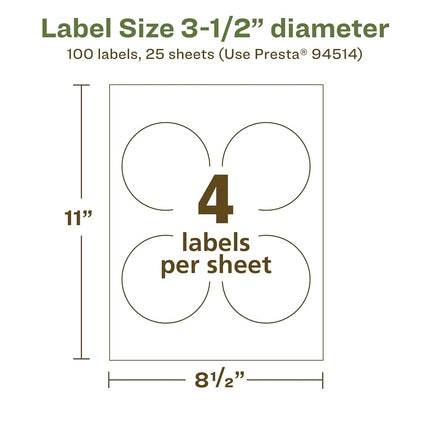 Avery EcoFriendly Matte White Recycled Round Labels, 3.5" Diameter, Print-to-The-Edge, Matte White Labels, Permanent Label Adhesive, Laser/Inkjet, 100 Printable Labels