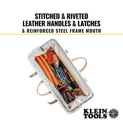 Klein Tools 5102-22 Heavy Duty Natural Canvas Tool Bag, Tool Tote, Multi-Purpose Bag with Wide Hinged Opening and Leather Handles, 22-Inch
