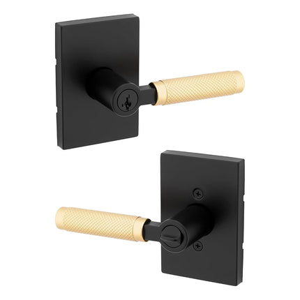 Kwikset Prava Entry Door Handle with Lock and Key, Secure Keyed Reversible Lever Exterior, for Front Entrance and Bedrooms, Matte Black and Satin Brass, Pick Resistant Smartkey Security and Microban