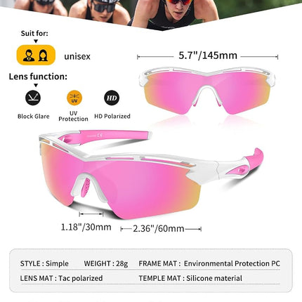 Polarized Sports Sunglasses for Men Women Youth Baseball Cycling Running Driving Fishing Tennis Golf TAC UV400 TR90, White/pink, One Size