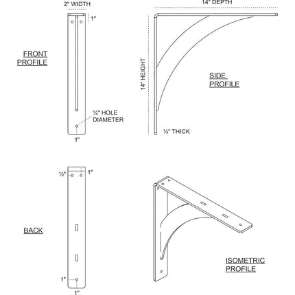 Ekena Millwork BKTM02X14X14LEHGO Steel Bracket Legacy, 2"W x 14"D x 14"H, Hammered Gold