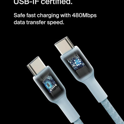 Belkin BoostCharge Braided USB-C to USB-C Cable (1M/3.3ft) for iPhone 16, 16 Pro, 16 Pro Max, 16 Plus, Galaxy S25, S24, Note, Pixel 9, Pixel 8, iPad Pro & More - Blue