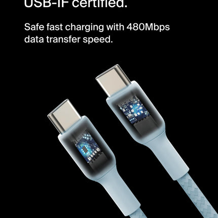 Cable USB-C a USB-C trenzado Belkin BoostCharge (1M/3.3ft) para iPhone 16, 16 Pro, 16 Pro Max, 16 Plus, Galaxy S25, S24, Note, Pixel 9, Pixel 8, iPad Pro y más - Azul