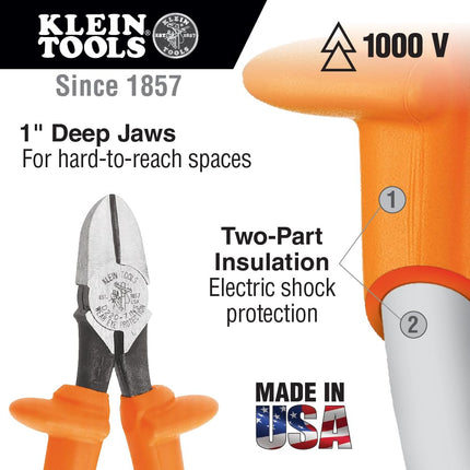 Klein Tools D220-7-INS Pliers, Insulated Diagonal Cutting Pliers with 1000V Rated Grips, 7-Inch