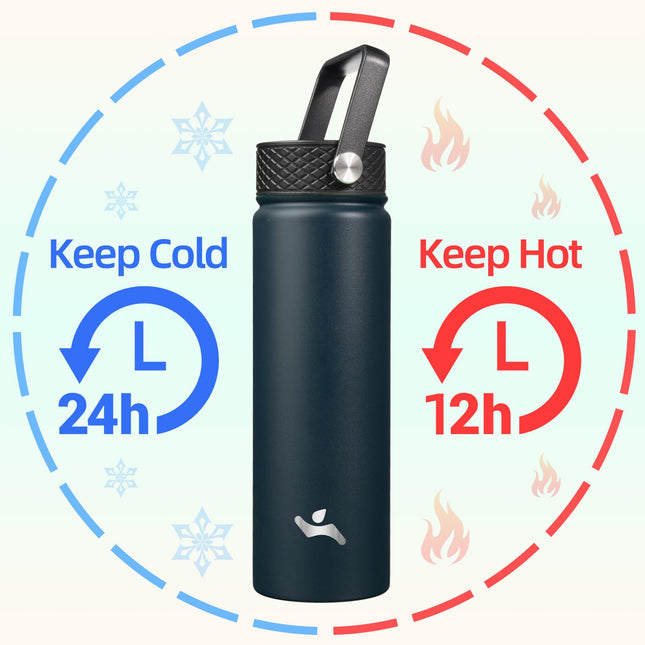 Konokyo Insulated Water Bottle with Straw,22oz 3 Lids Metal Bottles Stainless Steel Water Flask,Navy Blue
