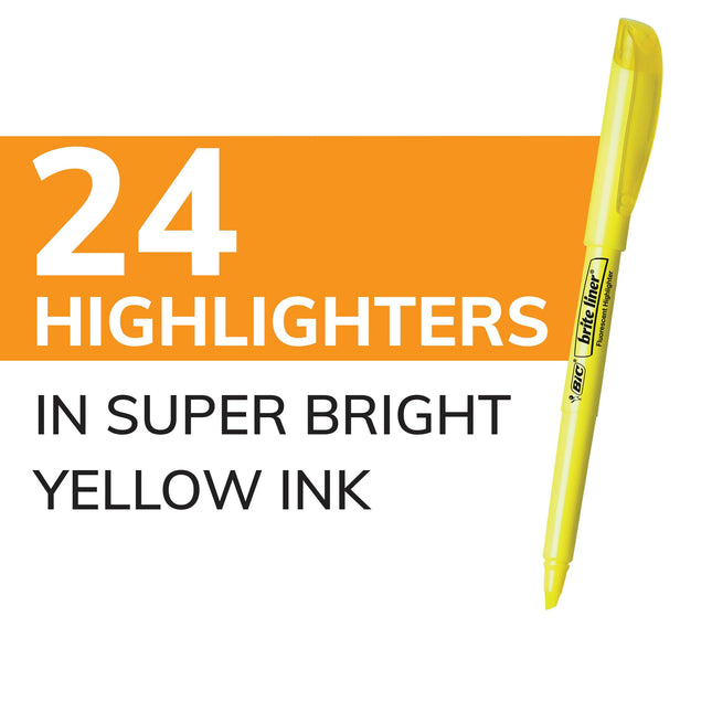Surligneurs BIC Brite Liner, pointe biseautée, paquet de 24 surligneurs jaunes, ensemble de surligneurs idéal pour organiser et colorier