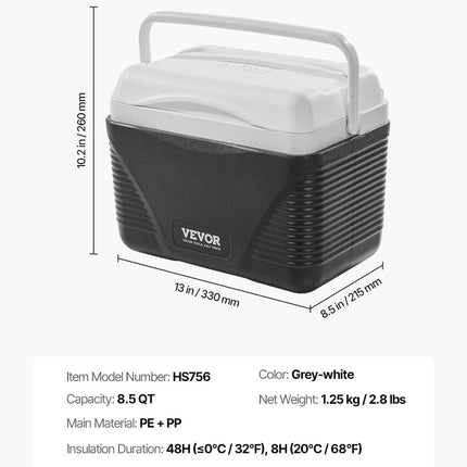 VEVOR Portable Cooler, 8.5 QT Hard Cooler with Ice Retention and Heavy-Duty Handles, Lightweight Rigid Material Insulated Portable Cooler, Suitable for Family Picnics and Short Trips