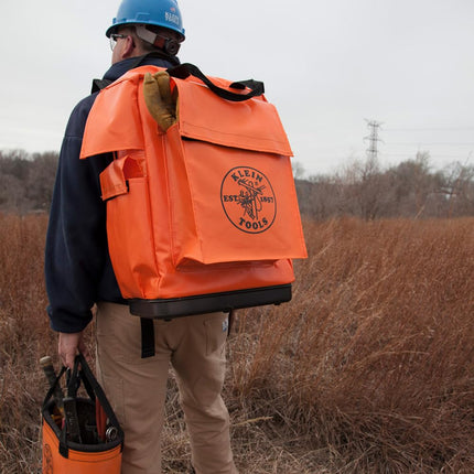 Klein Tools 5185ORA Tool Bag Backpack, Lineman Backpack, Adjustable Padded Shoulder Straps, Double-Stitched Bottom with Drain Holes, Orange