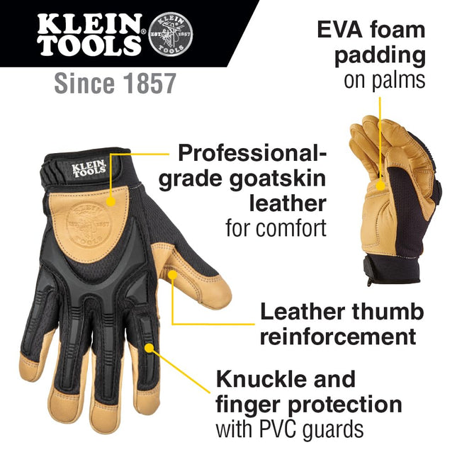 Klein Tools 60189 Work Gloves, Professional Grade Leather Gloves with Knuckle and Finger Protection, Thumb Reinforcement, Mesh Back, X-Large