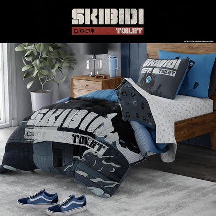 Franco Comforter and Sheet Set, Microfiber, Blue-Skibidi Toilet, 4 Piece Twin Size