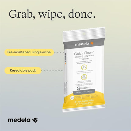 Medela Quick Clean Breast Pump and Accessory Wipes 90ct, 3 Packs of 30 Count, Resealable, Convenient and Hygienic On The Go Cleaning for Tables, Countertops, Chairs, and More