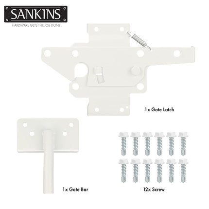 Self-Locking Gate Latch Heavy Duty Post Mount Automatic Gravity Lever for Wooden/PVC Fence, Door Lock with Fasteners Hardware for Secure Pool |Yard | Garden, Steel, White