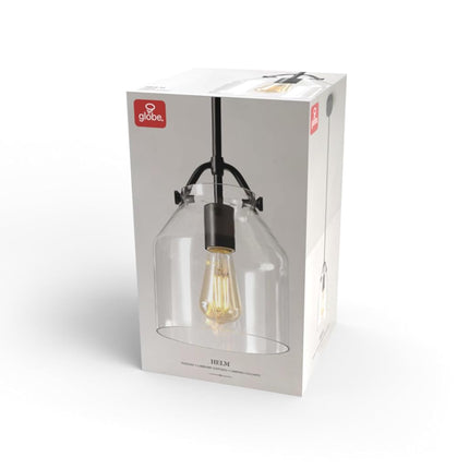 Globe Electric 67000097 1-Light Pendant Light, Matte Black, Clear Glass Shade, Black Rods, Pendant Light Fixture, Kitchen Island, Adjustable Height, Home Décor Lighting, Ceiling Light Fixture