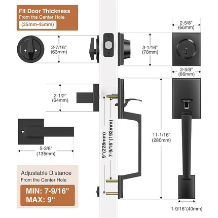 Brightify Black Front Door Handle with Door Lever, Matte Black, Modern Exterior Door Adjustable Deadbolt Lock Set with Single Cylinder, Reversible for Right&Left Handed