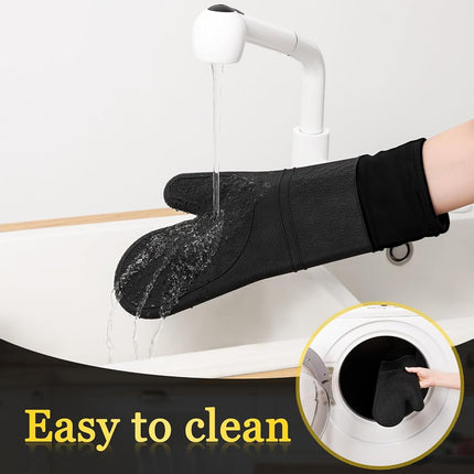Funnydin Oven Mitts and Pot Holders Sets, 8pcs Pot Holders and Oven Mitts Heat Resistant, Kitchen Non-Slip Silicone Oven Mitts with Soft Cotton Lining, 14.5" Extra Long Oven Gloves for Cooking, Black