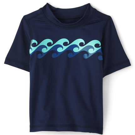 The Children's Place Boys' and Toddler Short Sleeve Rashguard, Blue Wave, 9-12 Months