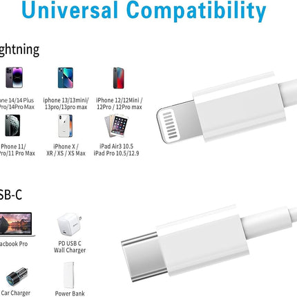 RCTech USB C to Lightning Cable 3Pack 1.8M [MFi Certified] iPhone Fast Charger Cable USB-C Power Delivery Charging Cord for iPhone 14/13/12/12 PRO Max/12 Mini/11/11PRO/XS/Max/XR/X/8/8Plus/iPad, White