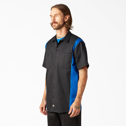 Dickies Men's Two-Tone Short Sleeve Work Shirt, Black, Royal, Medium