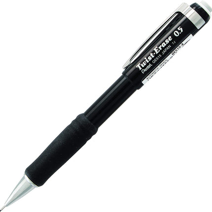 Pentel Twist Erase 0.5 mm (punta fina) - Twist Erase III - Mina Super Hi-polymer HB precargada - Barril negro - Paquete de 3