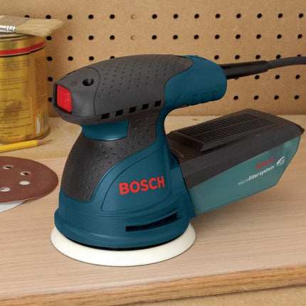 BOSCH ROS20VSC Palm Sander 2.5 Amp 5 Inch Corded Variable Speed Random Orbital Sander, Polisher Kit with Dust Collector and Soft Carrying Bag