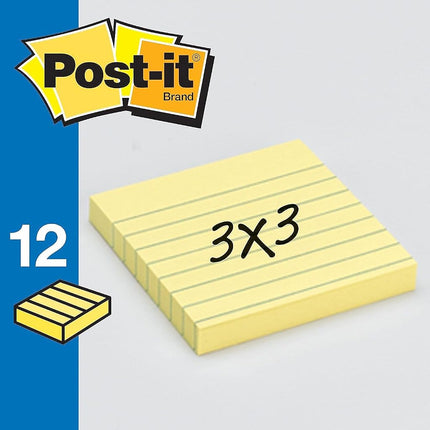 3M Post-It Notes, Lined, 3"X3", 100 Sheets/Pd, 12/Pk, Yellow