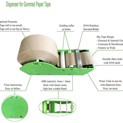 Dispensador de cinta de papel kraft gomado activado por agua WELSTIK de 3 pulgadas verde para envío, sellado de cartones y cajas