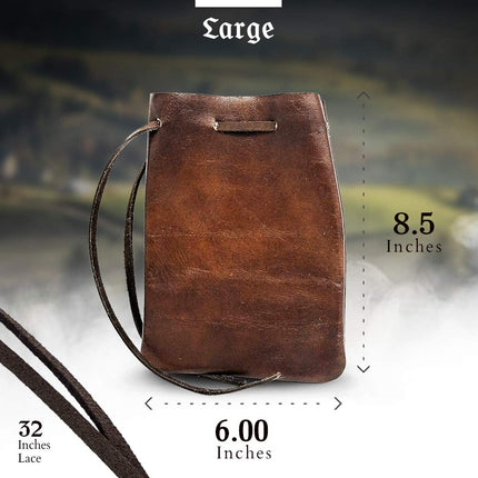 Pochette en cuir à cordon de serrage, Bourse, Pochette pour médicaments ou tabac, Reconstitution médiévale, Fabriquée aux États-Unis par Nabob Leather (Grande, Marron)