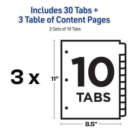 Avery 10-Tab Dividers for 3 Ring Binders, Customizable Table of Contents, Multicolor Tabs, 3 Sets (11072)