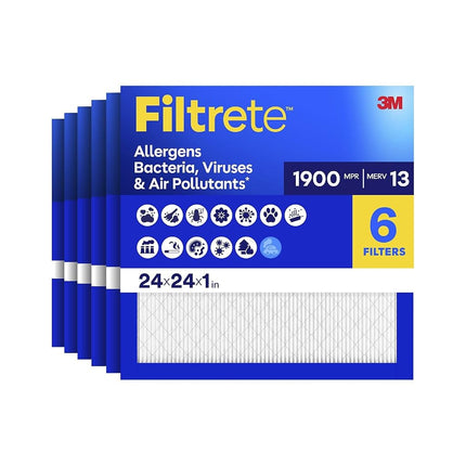 Filtrete 24x24x1 Air Filter MPR 1900 MERV 13, Healthy Living Ultimate Allergen, 6-Pack (exact dimensions 23.81x23.81x0.78)