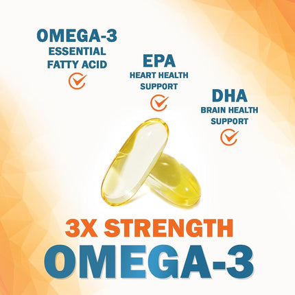 Omega 3 Fish Oil Supplements - 2400mg Fish Oil Per Serving - Triple Strength Omega-3 with EPA & DHA Fatty Acids - Natural Heart, Brain & Immune Support - Wild Caught, Bottled in USA - 60 Softgels