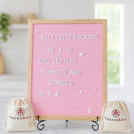 TrendArti Felt Letter Board - 680 Letters, Numbers & Symbols, 16 x 12 inch, Changeable Message Board for Notes & Announcements, Wood Frame, 2 Storage Bags, Light Brown Frame(Pink)