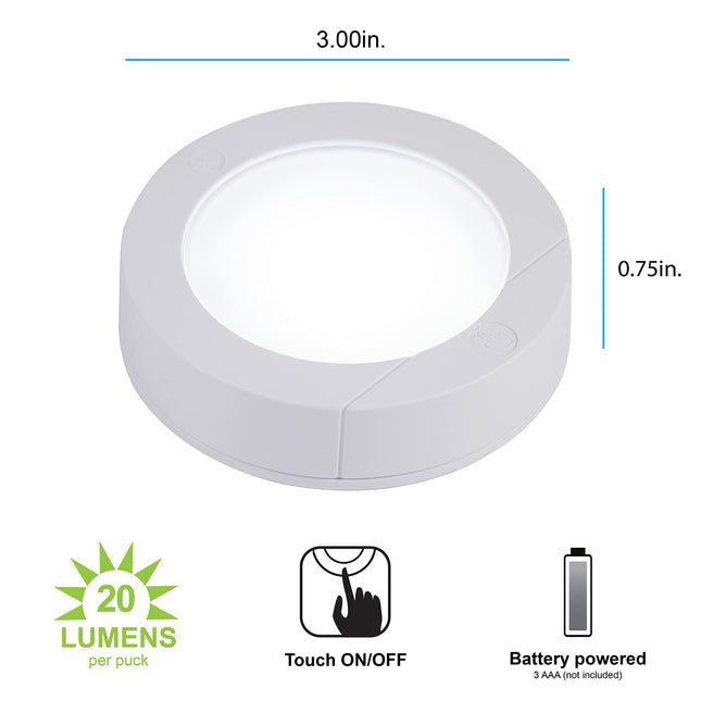 GE, Wireless, Battery Operated, 20 Lumens, Touch Activated On/Off, Bright White, Ideal for Closets, Cabinets, Attic, Garage and More, 25434, 2 Pack, LED Puck Lights, 2 Count