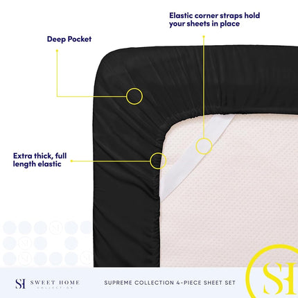 Sweet Home Collection Luxury Bedding Set with Flat, Fitted Sheet, 2 Pillow Cases, Microfiber, Black, King