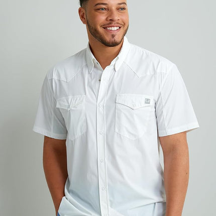 HUK Men's Diamond Back Solid Short Sleeve Button, Fishing Shirt, White, Small
