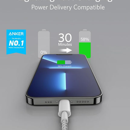 Anker USB C to Lightning Cable, New Nylon USB-C to Lightning Charging Cord [10ft MFi Certified] for iPhone 13 13 Pro 12 Pro Max 12 11 X XS XR 8 Plus, AirPods Pro, Supports Power Delivery (Silver)