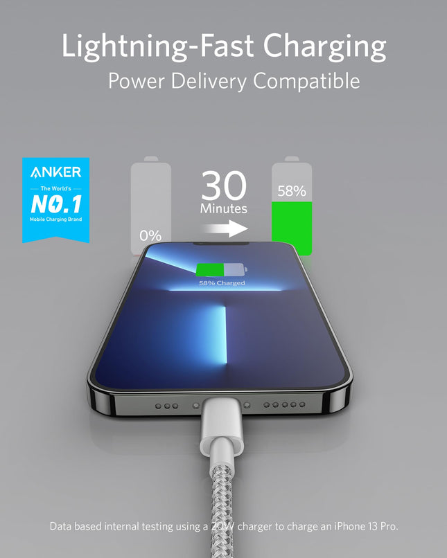 Cable Anker USB C a Lightning, Nuevo cable de carga de nailon USB-C a Lightning [3 m, certificado MFi] para iPhone 13 13 Pro 12 Pro Max 12 11 X XS XR 8 Plus, AirPods Pro, compatible con Power Delivery (plateado)