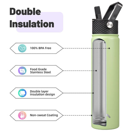 Konokyo Insulated Water Bottle with Straw,24oz 3 Lids Metal Bottles Stainless Steel Water Flask,Macaron Green