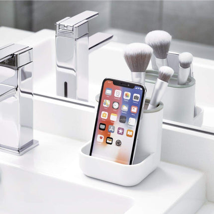 iDesign 28552 Toothbrush Holder, Compact Plastic Make-up Organiser with 3 Compartments, Sturdy Sink Caddy for Make-up Brushes and Bathroom Accessories, White and Grey, 10.4 x 10.0 x 10.2 cm