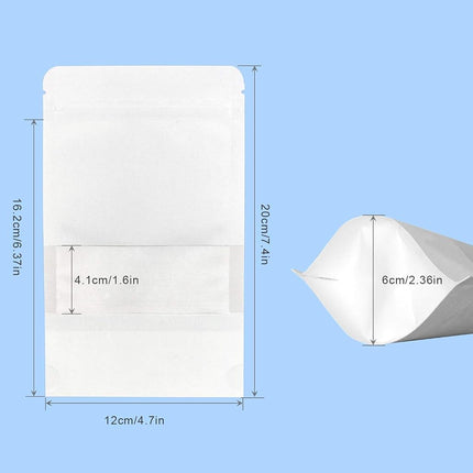 SumDirect 100Pcs White Kraft Stand Up Bags,Self-Sealing Zipper Food Pouches with U-Notch and Matte Window (100, 4.7x7.8inches)