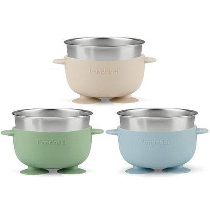 PandaEar 3 Stainless Steel Baby Bowls with Suction Cup and Lid - Porridge Bowl for Baby Porridge & Porridge, Non-Slip Baby Bowls with Silicone Cover, Unbreakable BPA-Free, Children's Bowl from 6