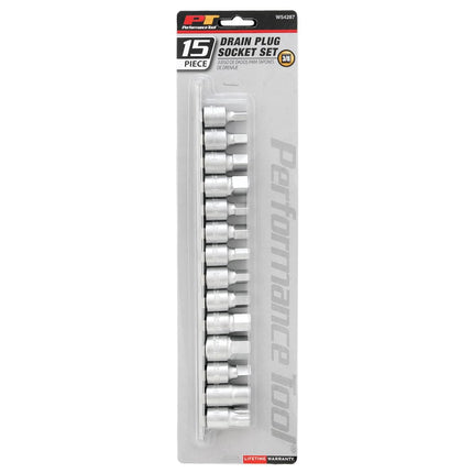 Performance Tool W54287 15-Piece Drain Plug Socket Set With 11mm & 13mm Square Drive For Subaru Differentials, Silver