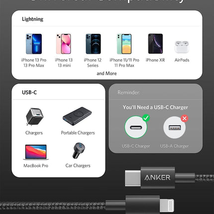 Cable Anker de nailon USB-C a Lightning, cable 331, cable de carga rápida (1,8 m, certificado MFi) para iPhone 13 13 Pro 12 Pro Max 12 11 X XS XR 8 Plus, AirPods Pro, compatible con Power Delivery (negro)
