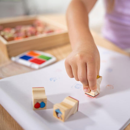 Melissa & Doug Wooden Stamp Set, Favorite Things - 26 Stamps, 4-Color Stamp Pad with Washable Ink for Art Projects for Kids Ages 4+
