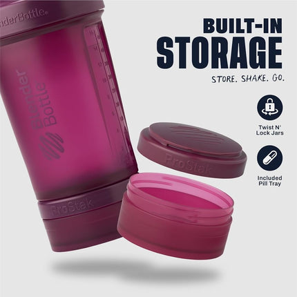 BlenderBottle Vaso mezclador con organizador de pastillas y almacenamiento para proteína en polvo, sistema ProStak clásico V2, 650 ml, color ciruela