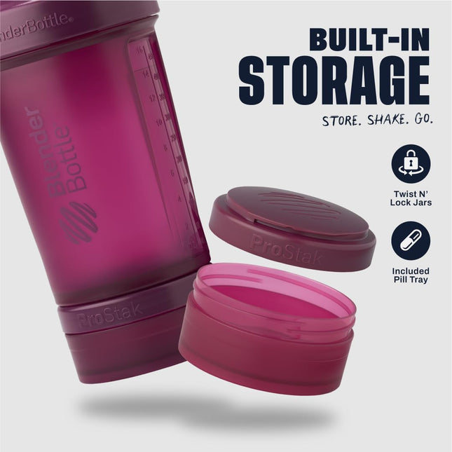 BlenderBottle Shaker Bottle with Pill Organizer and Storage for Protein Powder, Classic V2 ProStak System, 22-Ounce, Plum