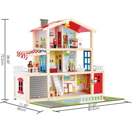 Sustainable Wood Toy, Hape Doll Family Mansion Playset With 4 Figures, 6 Rooms, 2 Balconies, 7 Room Sets and Barbecue. 3 years +
