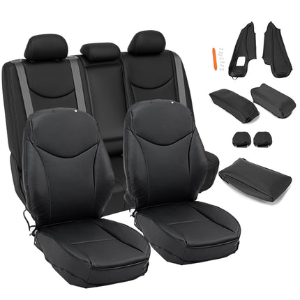 ECOTRIC Front & Rear Seat Covers Full Set Compatible with 2010-2015 Toyota Prius, Black Synthetic Leather Headrest B-Pillar Center Console Armrest Cover Replacement