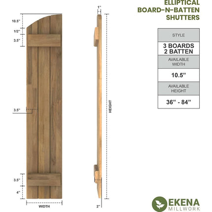 Ekena Millwork ARW101BE311X42PTH Americraft Three 2 Exterior Real Wood Joined Board-n-Batten Shutters w/Elliptical Top (Per Pair), 10 1/2"W x 42"H, Pure Turquoise