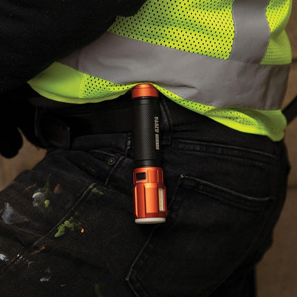 KLEIN TOOLS Rechargeable LED Flashlight with Worklight, 500 Lumens, USB Charging Cable, Pocket Clip, Battery Life Indicator, Magnetic 56412, Orange/Black